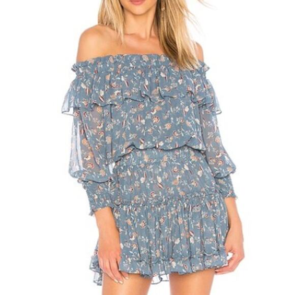 Misa Los Angeles Dresses & Skirts - MISA Los Angeles Katryna Off Shoulder Ruffle Mini Dress Blue Floral M Cottage